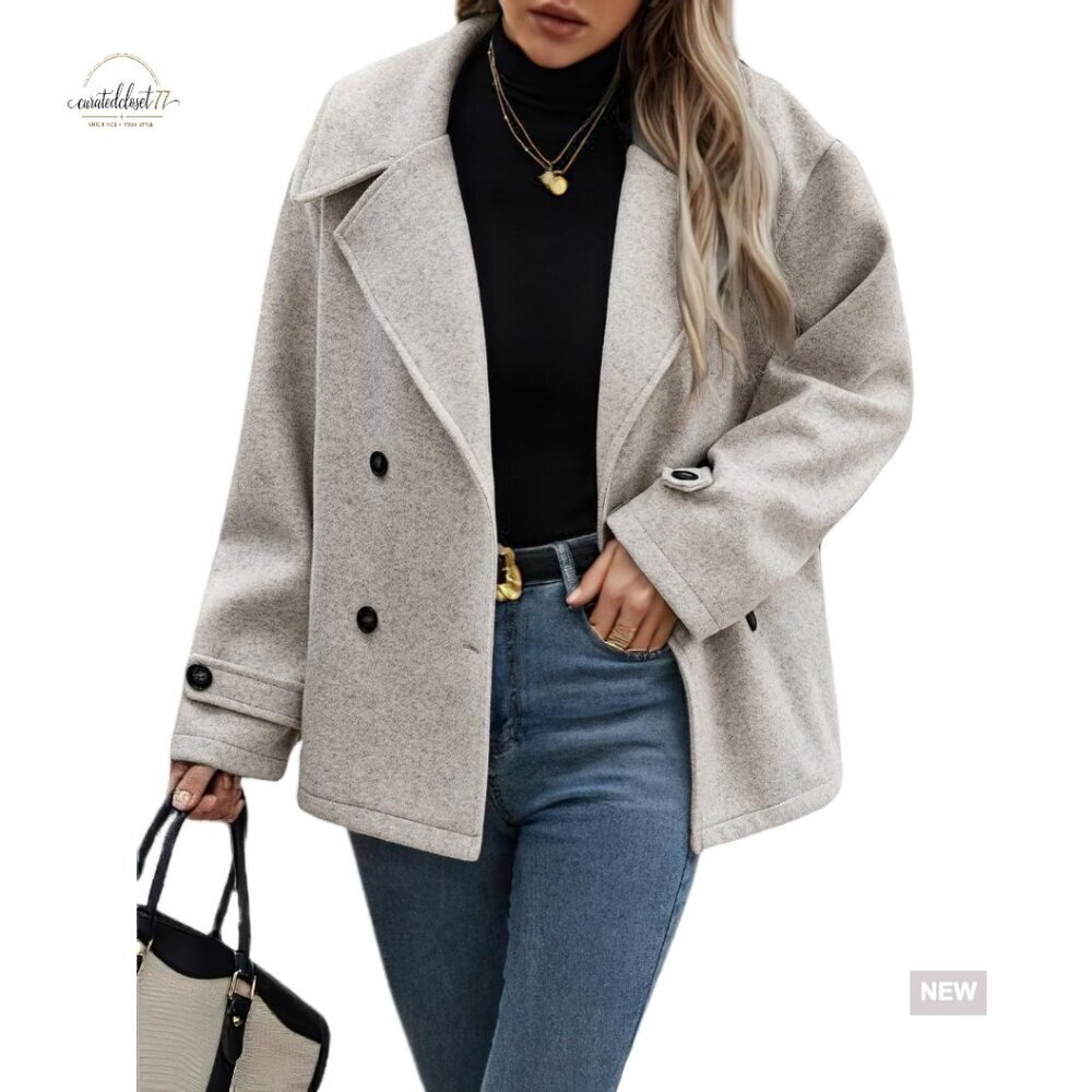 Wool Blend Cropped Pea Coat Double Breasted Blazer Jacket Loose Fit